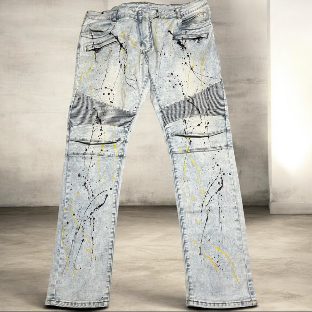 Balmain Paris Paint Splattered Ribbed Moto Biker Jeans